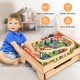 Kids wooden train set table featuring 100 colorful pieces, sturdy structure, and lockable wheels for easy movement.