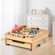 Kids wooden train set table showcasing vivid characters, railways, and houses for creative play with safe round corners.