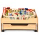 Kids wooden train set table with 100 colorful pieces, featuring lockable wheels and a storage drawer for easy.