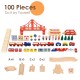 Colorful 100-piece kids wooden train set with vehicles, houses, and bridges, designed for imaginative play and easy.