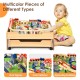Kids wooden train set table featuring 100 multicolor pieces, including vehicles and buildings, for imaginative play.
