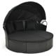 Round Clamshell Patio Daybed in black wicker with retractable canopy and plush cushions, perfect for outdoor relaxation.