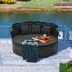 Round Clamshell Patio Daybed in black wicker with retractable canopy and cozy cushions, perfect for outdoor relaxation.