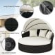Clamshell patio round daybed with retractable canopy, off-white cushions, and adjustable footpads for outdoor.