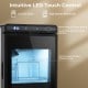 Clear ice cube maker with LED touch control, producing 1.6-inch cubes, features a see-through window and low water alert.