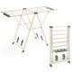 Height adjustable clothes drying rack in beige with side clips and shoe holders, perfect for laundry rooms or patios.