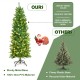 6-foot pre-lit artificial fir pencil Christmas tree with 150 LED lights, sturdy metal base, and lush green PVC branches.