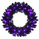 24-inch pre-lit Halloween wreath featuring 35 purple LED lights, crafted from lifelike black PVC for festive decor.