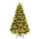 7' artificial Christmas tree with LED lights, pine cones, and hinged branches for easy setup, perfect for indoor.
