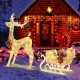 Golden Christmas sleigh decoration with 100 warm lights, featuring intricate designs and red bows, ideal for outdoor.