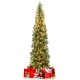 7-foot prelit half-shape Christmas tree with 150 lights, surrounded by colorful gifts for festive holiday decor.