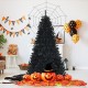 Black artificial 6ft Halloween tree with purple LED lights, surrounded by pumpkins and festive decorations for spooky.
