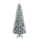 Snow-flocked 7.5' artificial Christmas pencil tree with mixed tips and sturdy metal stand for festive holiday decor.