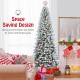 Snow-flocked 7.5' artificial Christmas pencil tree with mixed tips, perfect for limited spaces and festive decor.