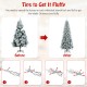 Snow-flocked 7.5' artificial Christmas pencil tree with lush branches and sturdy metal stand for festive decoration.