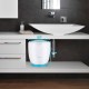 Countertop towel warmer bucket in white and blue, measuring 12" x 14", ideal for quick heating of towels and bathrobes.