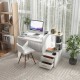 White computer desk with corner bookshelf and drawers, perfect for home office or study, featuring a wide desktop.