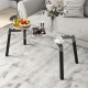 Modern tempered glass coffee table with black metal frame, featuring a spacious top for living room use.