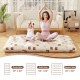 Foldable full-size futon mattress with washable cover, ideal for camping, play mat, or floor use, shown with child.