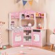 Corner wooden play kitchen in pink with coffee machine, slide, and light-up features for immersive role-playing fun.