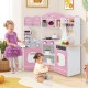 Wooden play kitchen in pink with coffee machine, slide, and interactive features for imaginative play.