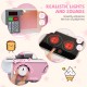 Light-up microwave and stove with realistic sounds and rotary knobs for immersive play in a pink wooden kitchen set.