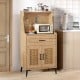 Coffee bar cabinet in oak with rattan doors, pegboard, adjustable shelves, and storage drawer for kitchen organization.