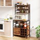 Coffee bar cabinet in rustic brown with wine bottle holders and S-shaped hooks, ideal for organized kitchen storage.