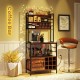 Rustic brown coffee bar cabinet featuring wine bottle holders, S-shaped hooks, and a sturdy metal frame for stylish.