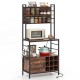 Coffee bar cabinet in rustic brown with wine bottle holders, S-shaped hooks, and a sturdy metal frame for kitchen.