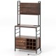 Coffee bar cabinet in rustic brown with wine bottle holders, S-shaped hooks, and sturdy metal frame for storage.