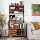 Rustic brown coffee bar cabinet with wine bottle holders and S-shaped hooks, featuring a sturdy metal frame for.