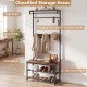 Coat rack hall tree with shoe bench, removable hooks, and 2-tier shoe racks, perfect for entryway storage.
