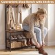 Coat rack and shoe bench with removable hooks, rustic wood grain, supports 220 lbs, ideal for entryway or bedroom.