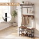 Coat rack hall tree with shoe bench, removable hooks, and rustic wood grain design, ideal for entryway storage.