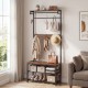 Coat rack hall tree with shoe bench, removable hooks, and rustic wood grain, ideal for entryway or bedroom storage.