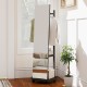 Freestanding coat rack with full-length mirror in walnut finish, featuring 3 hooks and bottom storage shelves for.