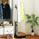 Freestanding coat rack with full-length mirror in walnut, featuring 3 hooks and storage shelves for organized entryways.