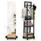 Freestanding coat rack with full-length mirror, 3 hooks, and storage shelves in walnut finish for compact spaces.