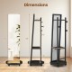 Freestanding coat rack with full-length mirror, walnut finish, featuring 3 hooks and bottom storage shelves for compact.