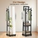 Freestanding coat rack with full-length mirror, walnut finish, featuring hooks and shelves for organized storage.