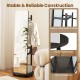 Freestanding coat rack with full-length mirror, walnut finish, featuring 3 hooks and bottom storage shelves for.