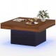 Rustic brown coffee table with LED lights, spacious surface, and remote control for dynamic color settings.