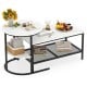 Round and rectangle coffee tables in white with faux marble tops and metal shelves, perfect for modern living spaces.