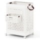 Collapsible laundry basket with a 20-gallon capacity, featuring a small hanging basket and wheels for easy mobility.
