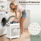 Collapsible laundry basket in white with a hollow hole design, featuring wheels for easy mobility and space-saving.