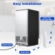 Back view of the Commercial Ice Maker showing water inlet and drain hoses, power cord, and easy installation features.