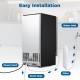 Commercial under counter ice maker with easy installation features, including water inlet, drain hose, and filter.