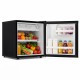 Compact mini fridge in black showcasing organized fruits, vegetables, and drinks with adjustable thermostat for optimal.
