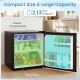Compact mini fridge with adjustable thermostat, featuring dedicated freezer and drink areas, ideal for small spaces.